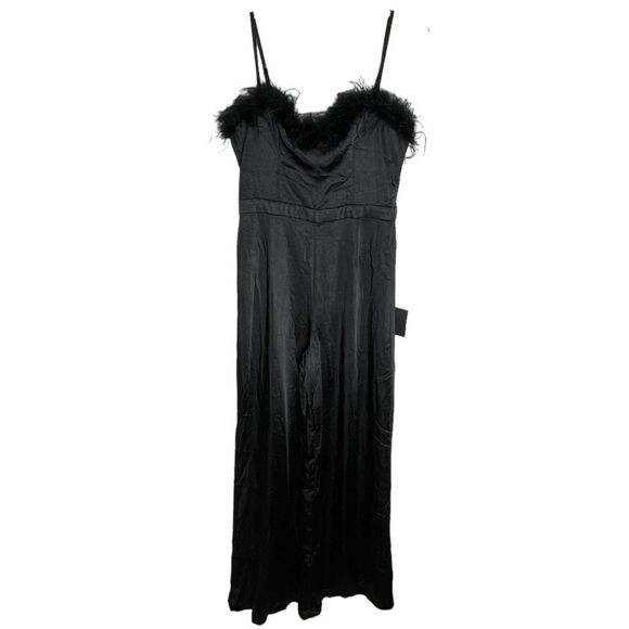 Lulu’s Black Feather Together Satin Wide Leg Jumpsuit Medium - Picture 4 of 16